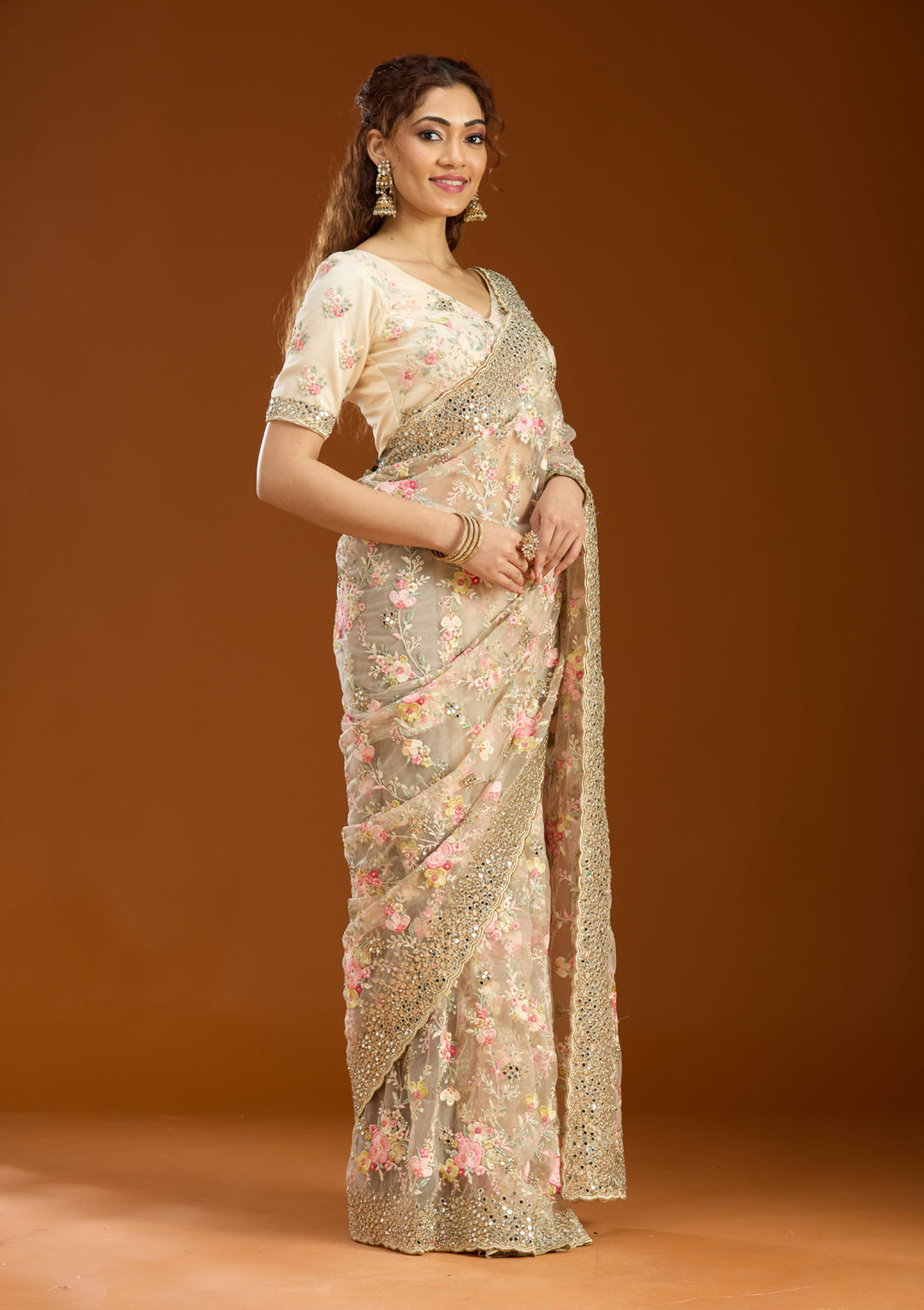 Cream Net Mirrorwork Saree With Matching Blouse Piece