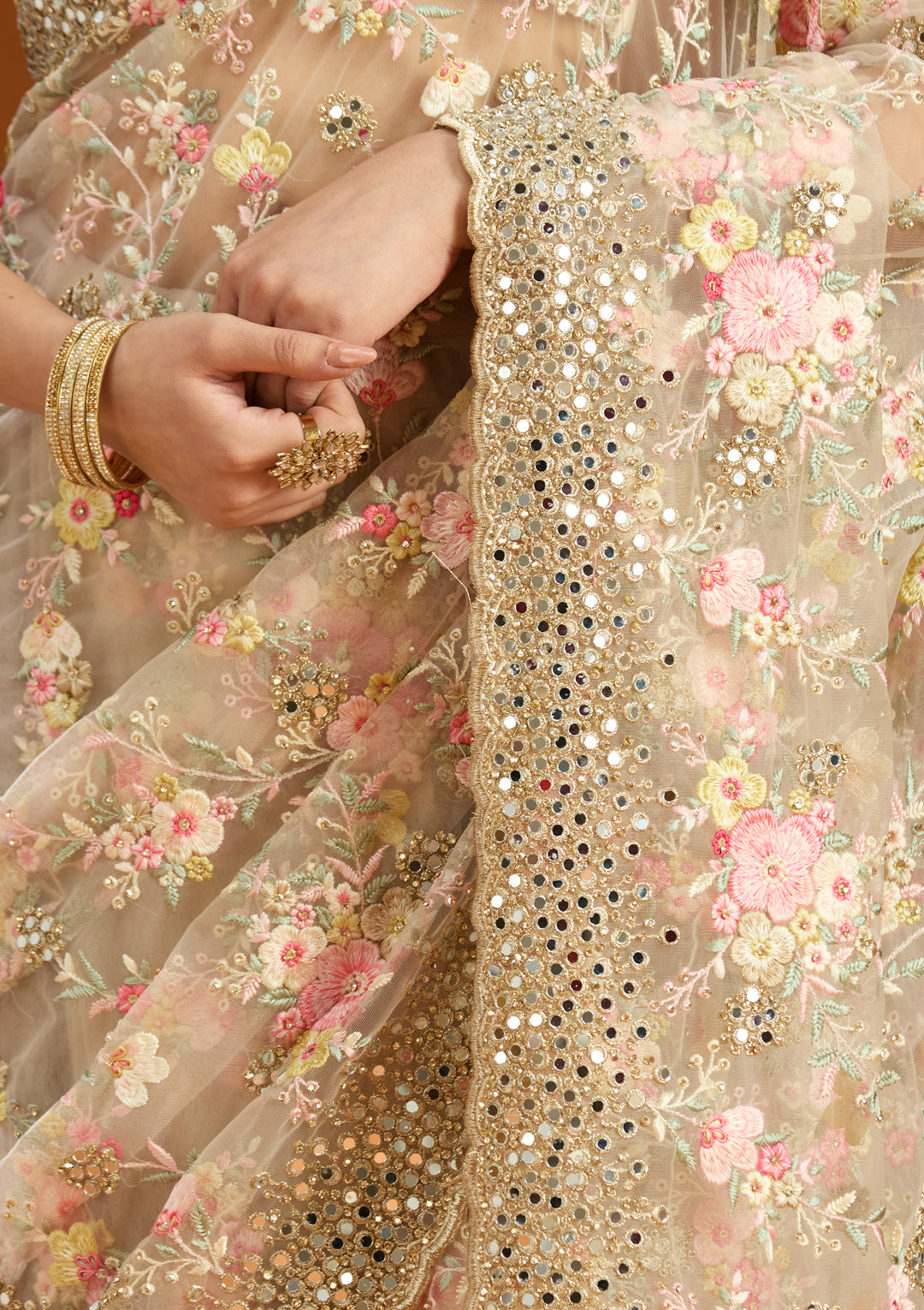 Cream Net Mirrorwork Saree With Matching Blouse Piece
