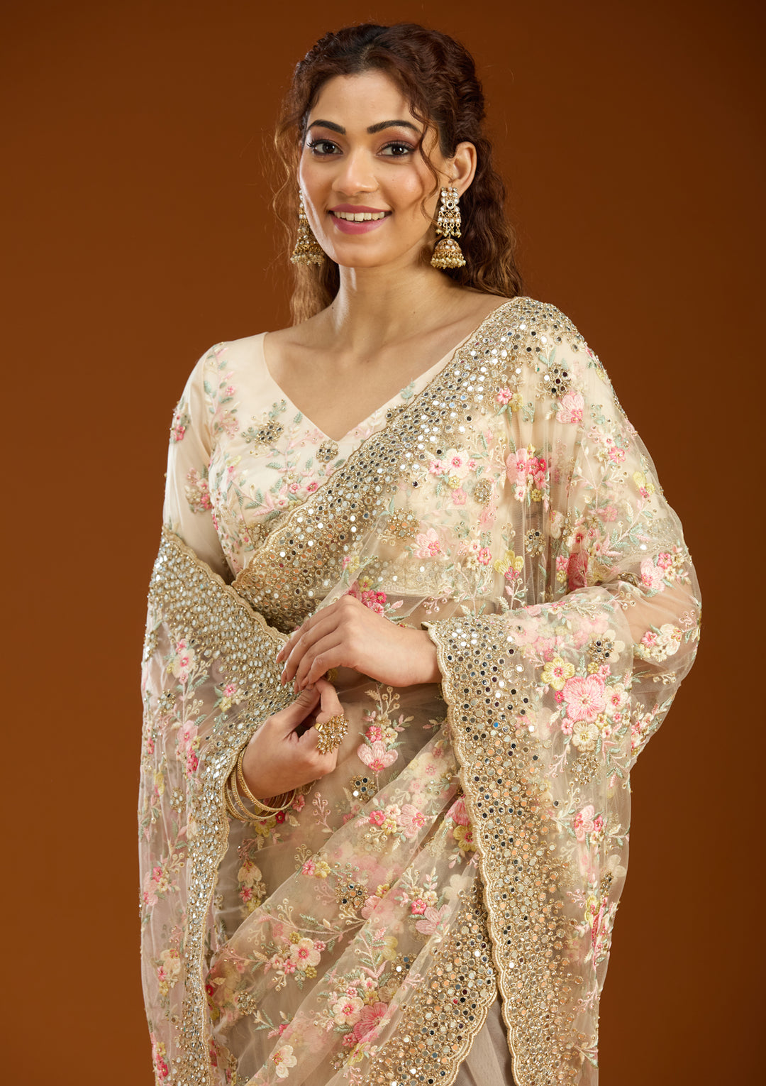 Cream Net Mirrorwork Saree With Matching Blouse Piece