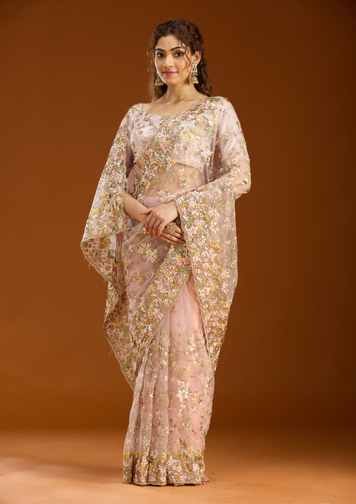 Baby Pink Net Sequins Saree With Matching Blouse Piece