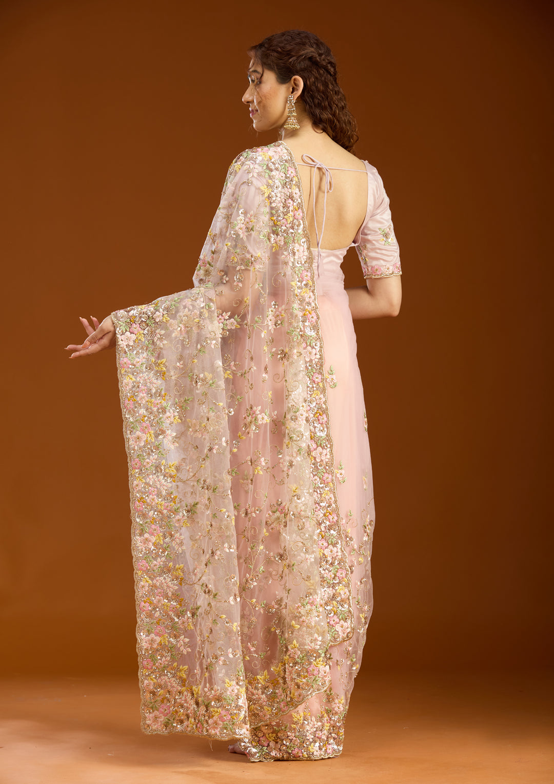 Baby Pink Net Sequins Saree With Matching Blouse Piece