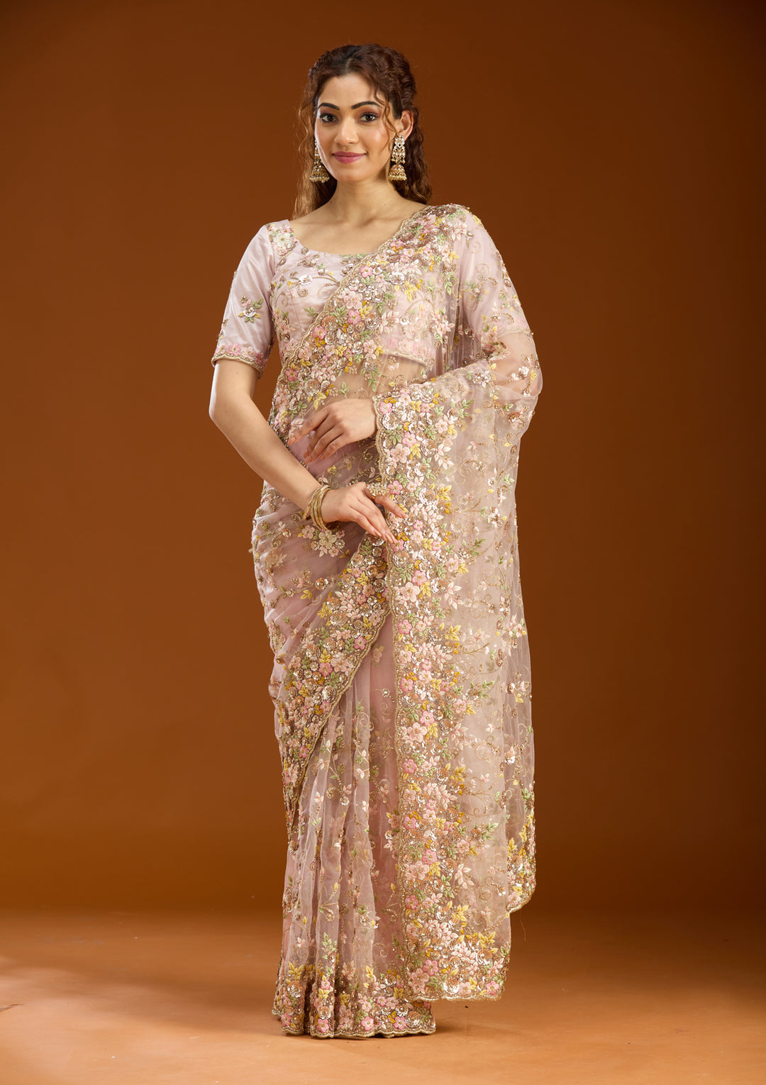 Baby Pink Net Sequins Saree With Matching Blouse Piece