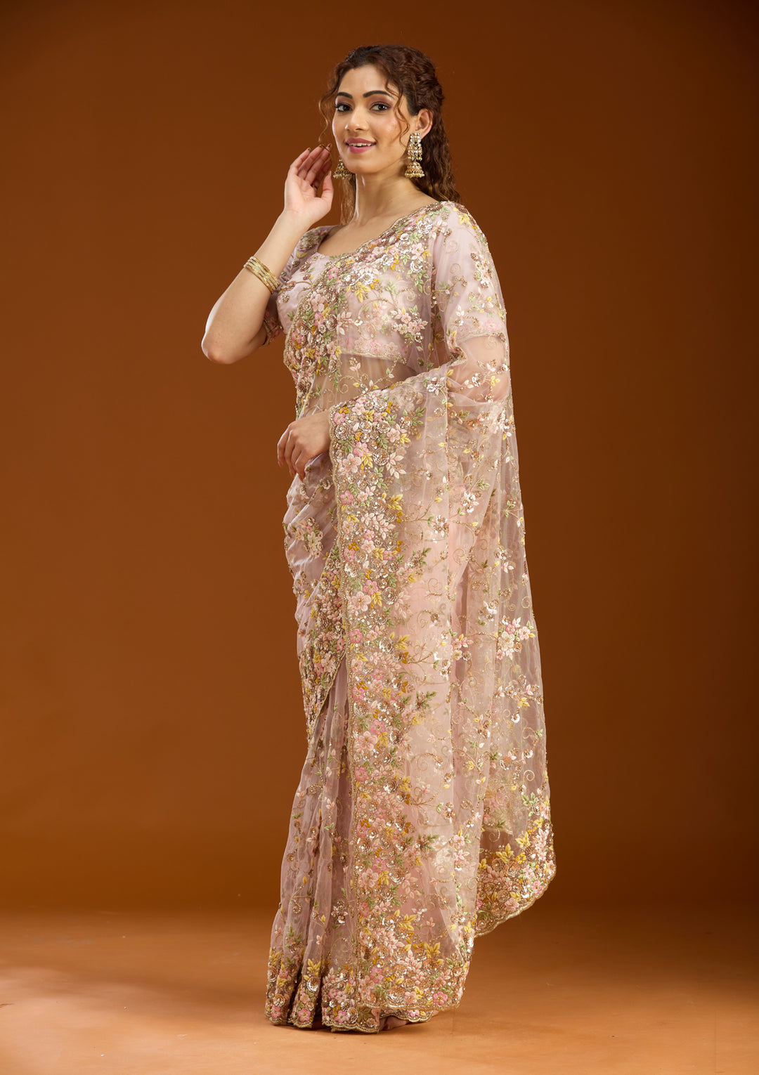Baby Pink Net Sequins Saree With Matching Blouse Piece