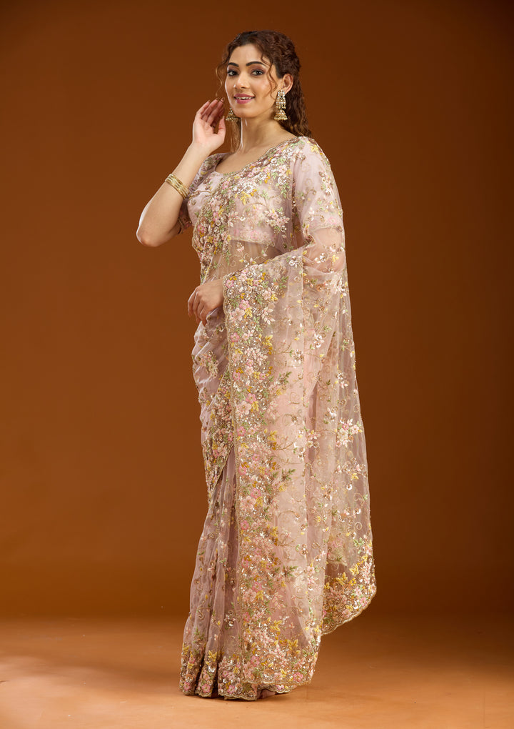 Baby Pink Net Sequins Saree With Matching Blouse Piece