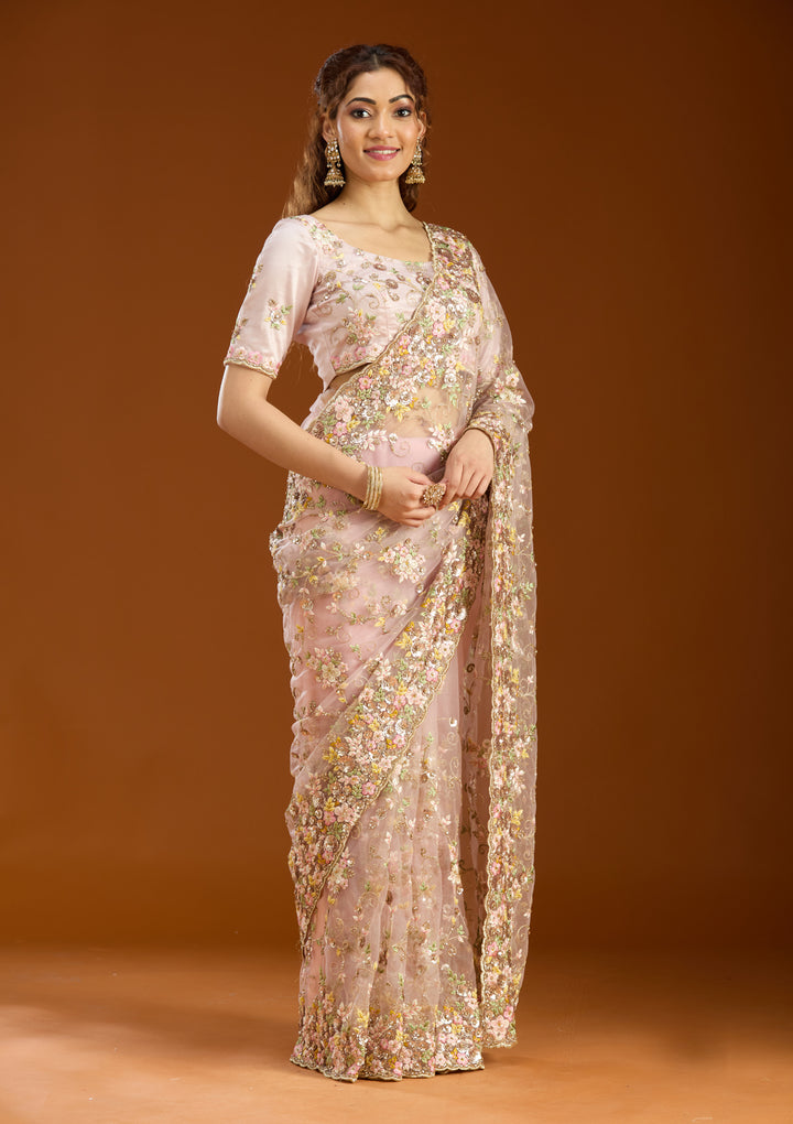 Baby Pink Net Sequins Saree With Matching Blouse Piece