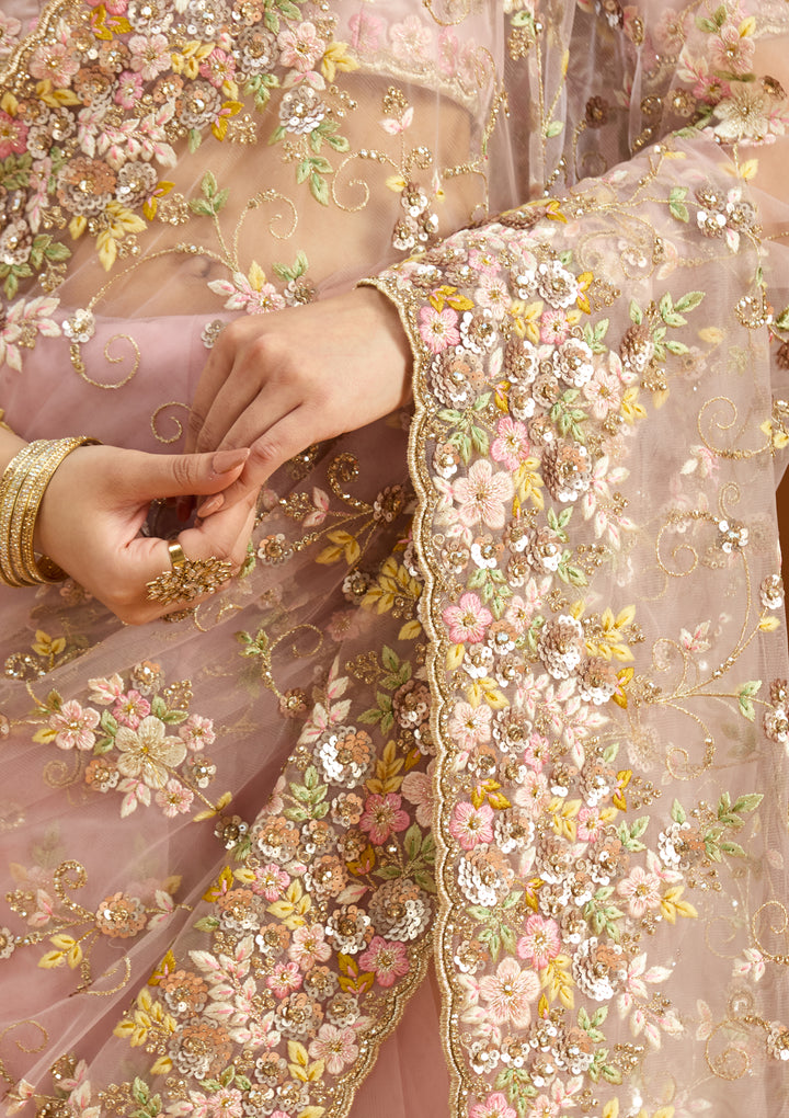 Baby Pink Net Sequins Saree With Matching Blouse Piece