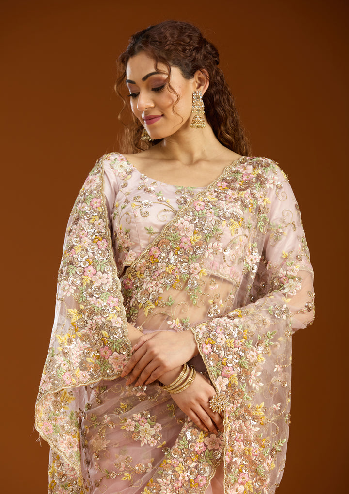 Baby Pink Net Sequins Saree With Matching Blouse Piece