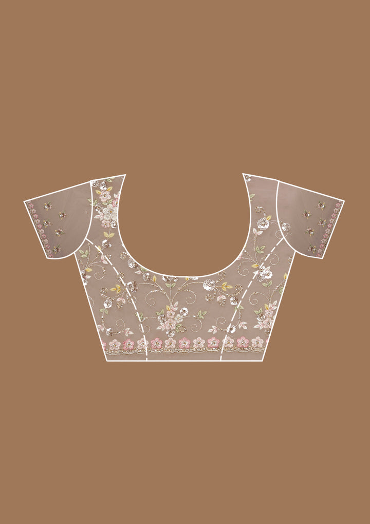 Baby Pink Net Sequins Saree With Matching Blouse Piece