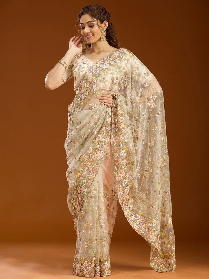 Cream Net Sequins Saree With Matching Blouse Piece