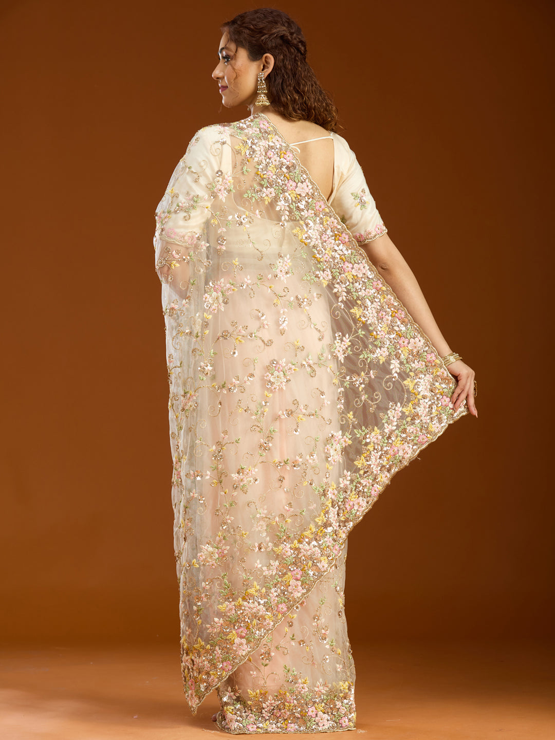 Cream Net Sequins Saree With Matching Blouse Piece