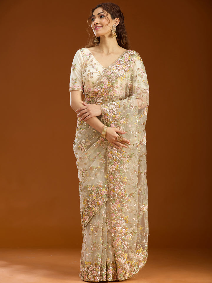 Cream Net Sequins Saree With Matching Blouse Piece