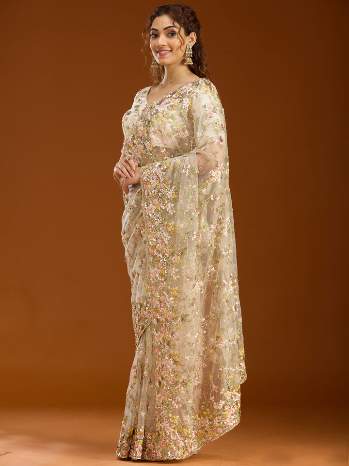 Cream Net Sequins Saree With Matching Blouse Piece