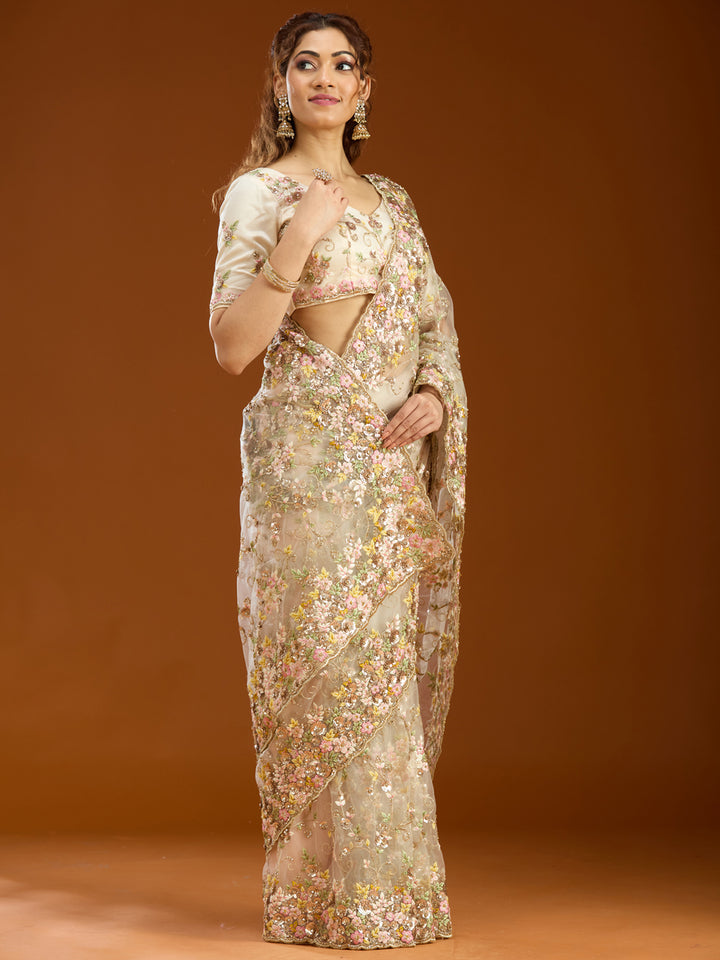 Cream Net Sequins Saree With Matching Blouse Piece