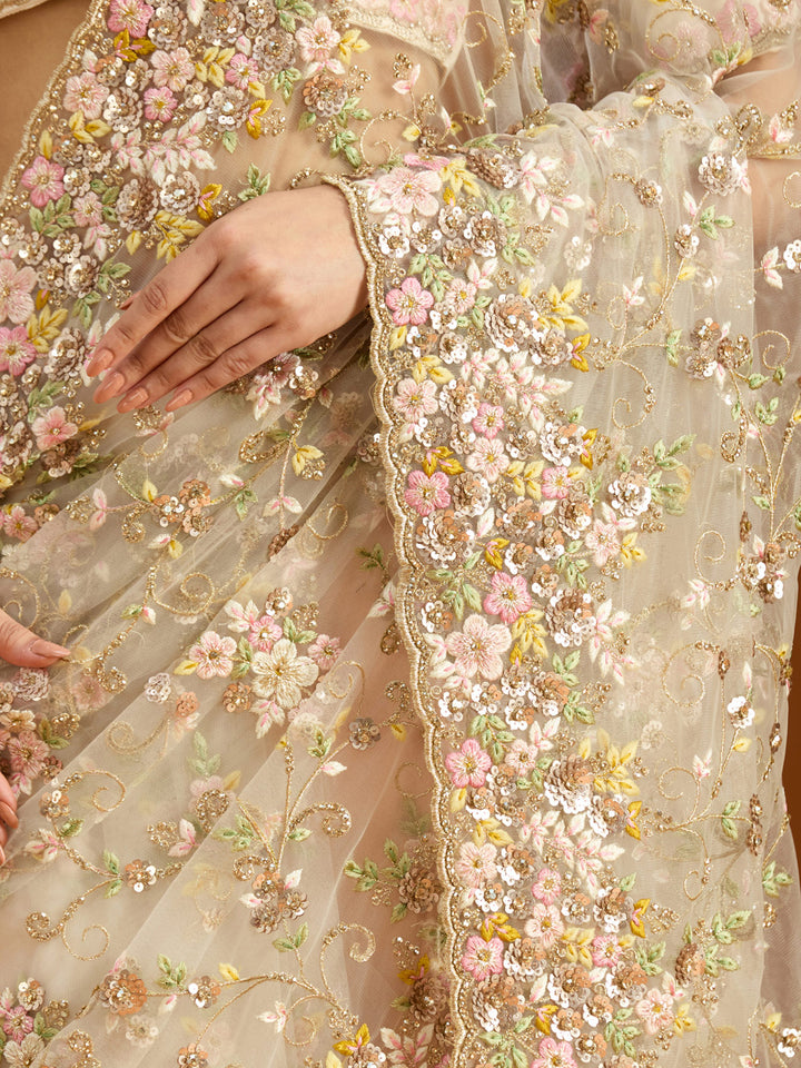 Cream Net Sequins Saree With Matching Blouse Piece