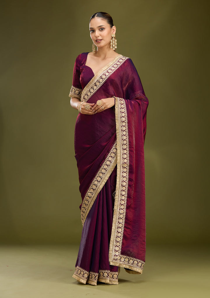 Dark Maroon Tissue Cording Saree With Matching Blouse Piece