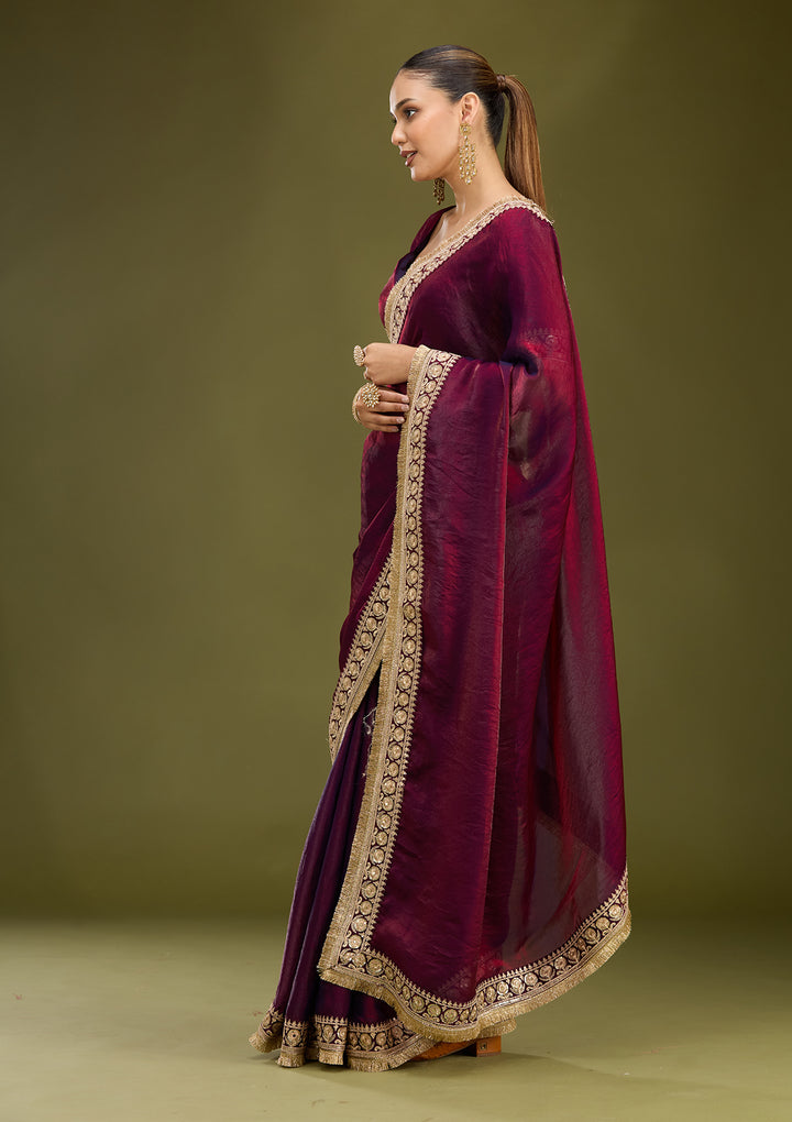 Dark Maroon Tissue Cording Saree With Matching Blouse Piece