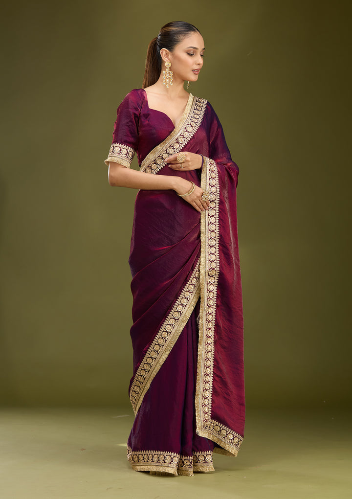 Dark Maroon Tissue Cording Saree With Matching Blouse Piece