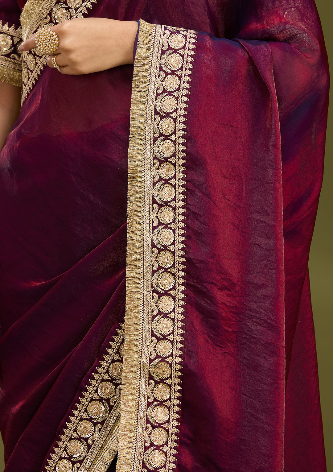 Dark Maroon Tissue Cording Saree With Matching Blouse Piece