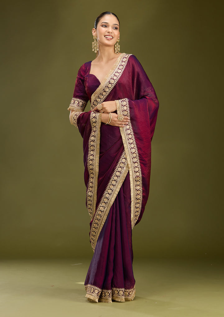 Dark Maroon Tissue Cording Saree With Matching Blouse Piece