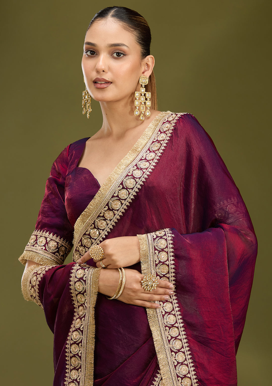 Dark Maroon Tissue Cording Saree With Matching Blouse Piece