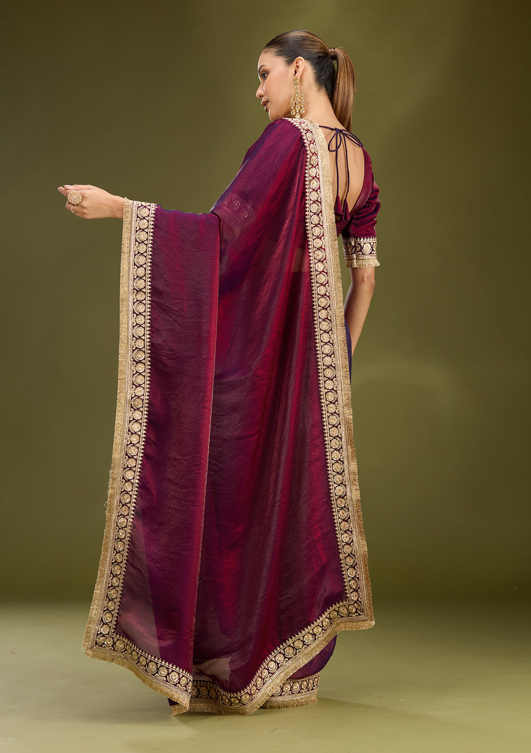 Dark Maroon Tissue Cording Saree With Matching Blouse Piece