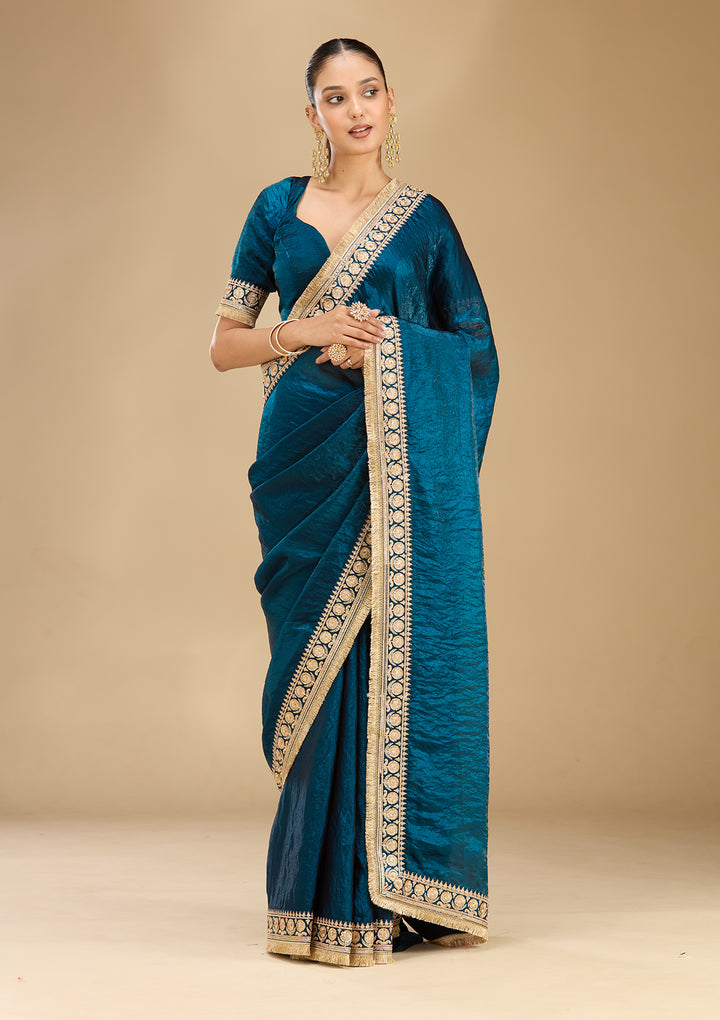 Peacock Blue Tissue Cording Saree With Matching Blouse Piece