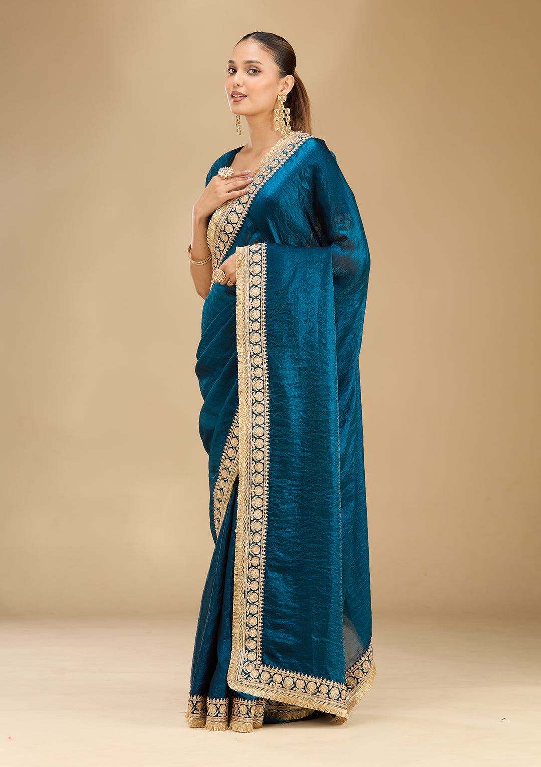 Peacock Blue Tissue Cording Saree With Matching Blouse Piece