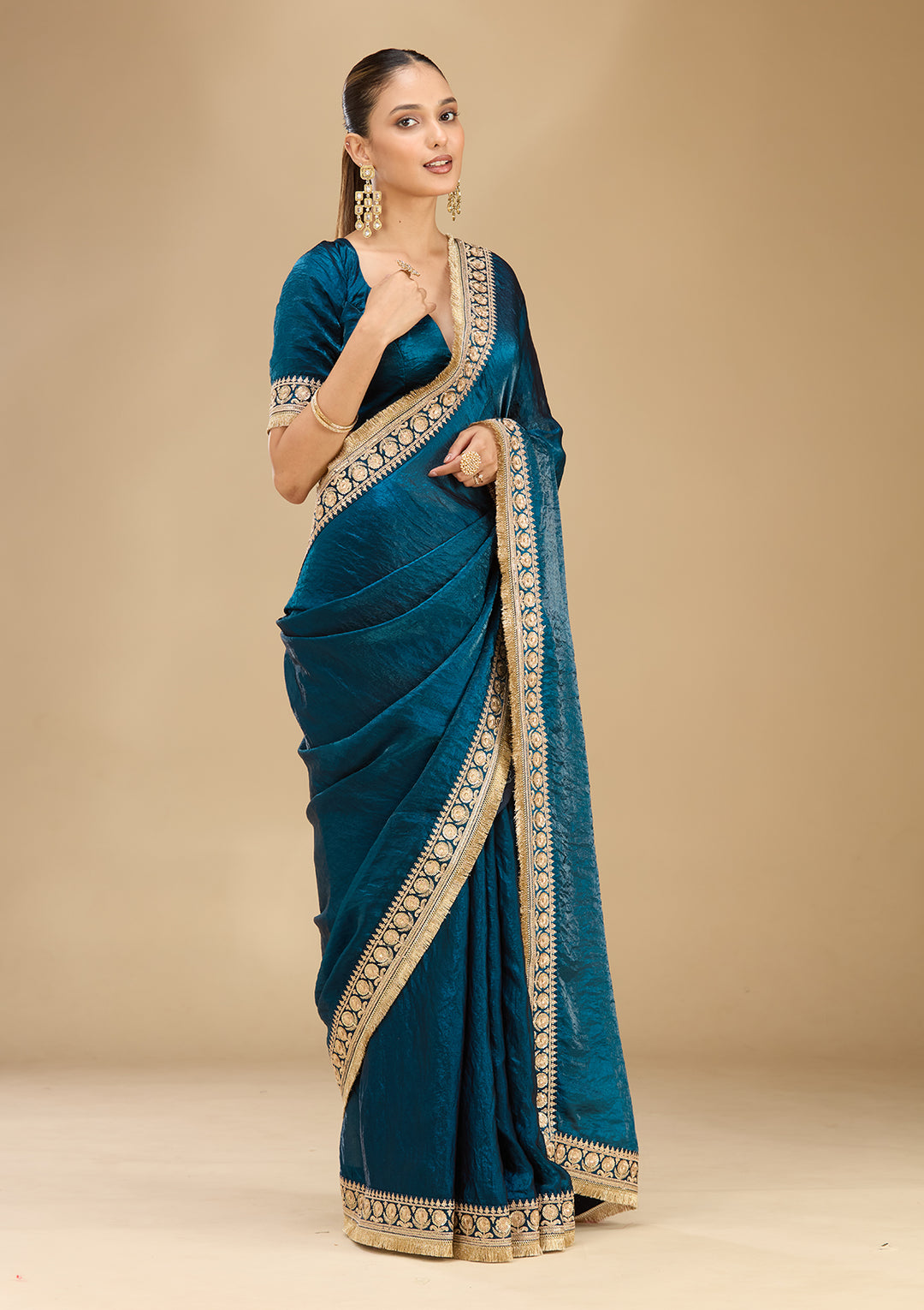 Peacock Blue Tissue Cording Saree With Matching Blouse Piece