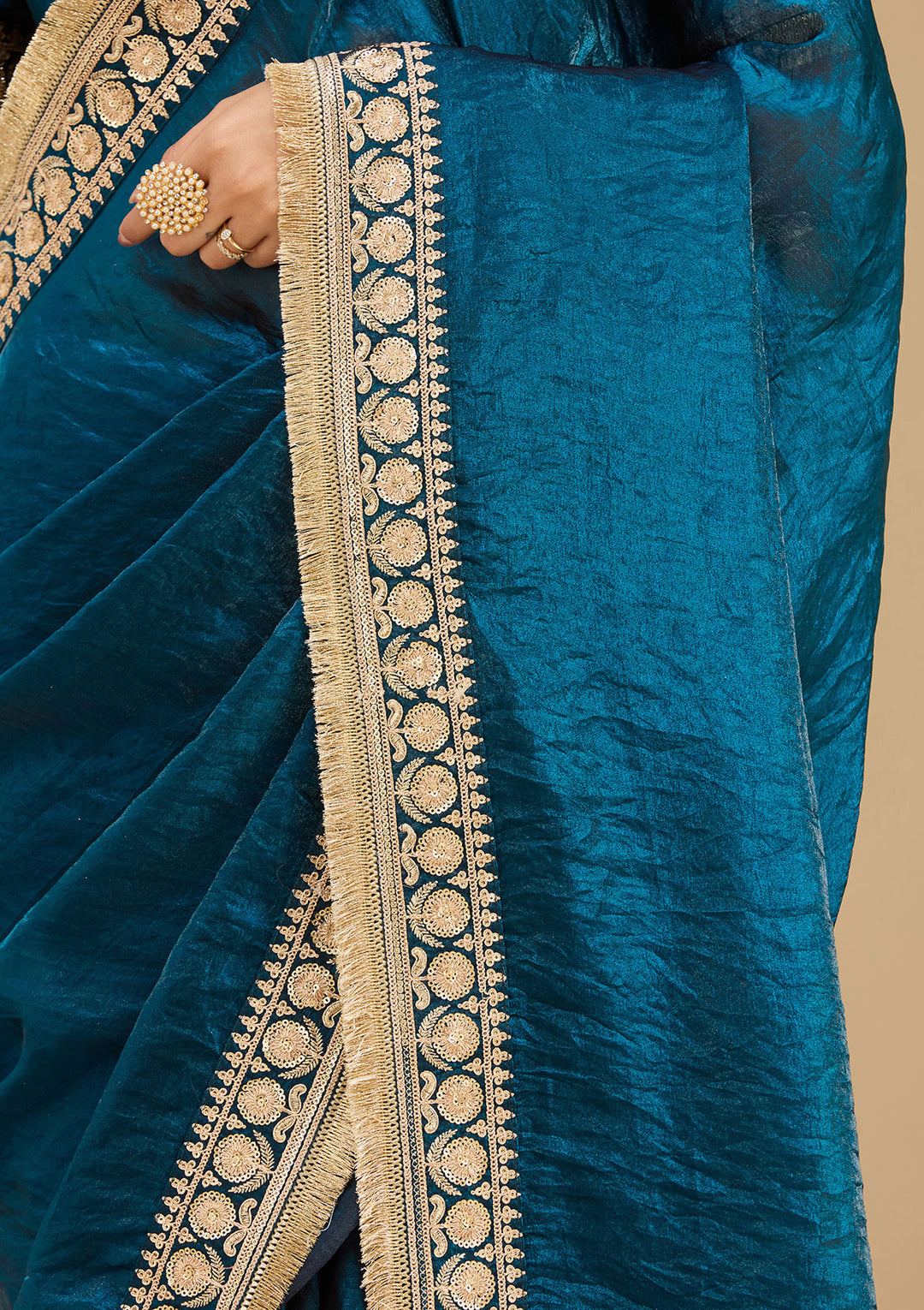 Peacock Blue Tissue Cording Saree With Matching Blouse Piece
