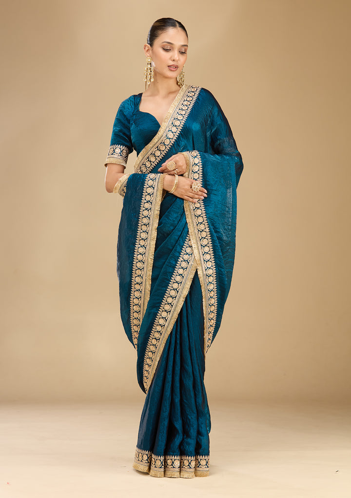 Peacock Blue Tissue Cording Saree With Matching Blouse Piece