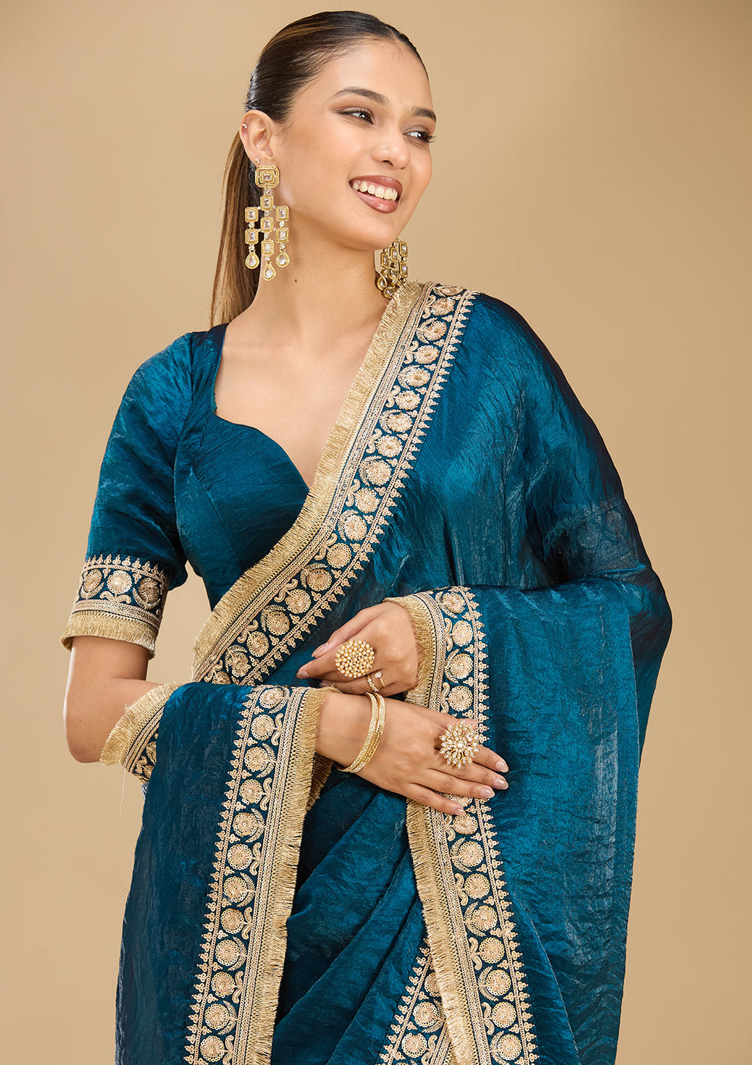 Peacock Blue Tissue Cording Saree With Matching Blouse Piece