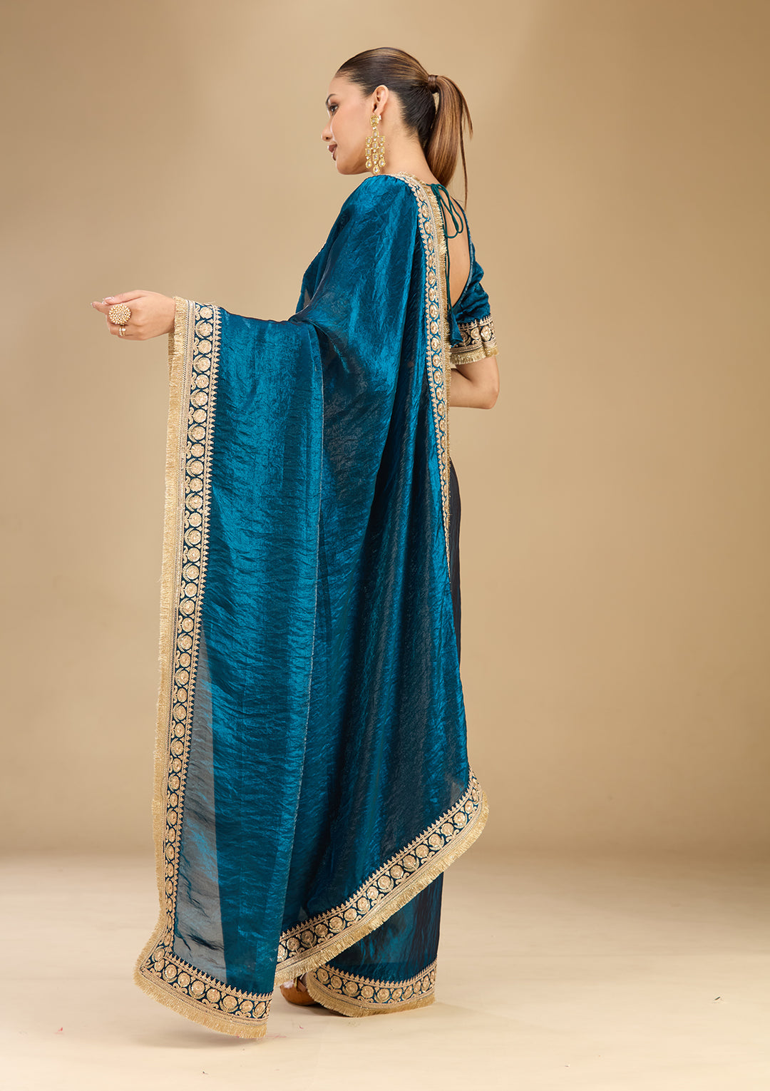 Peacock Blue Tissue Cording Saree With Matching Blouse Piece