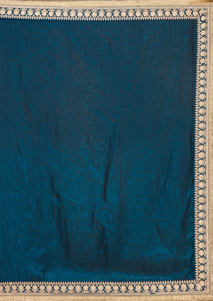 Peacock Blue Tissue Cording Saree With Matching Blouse Piece