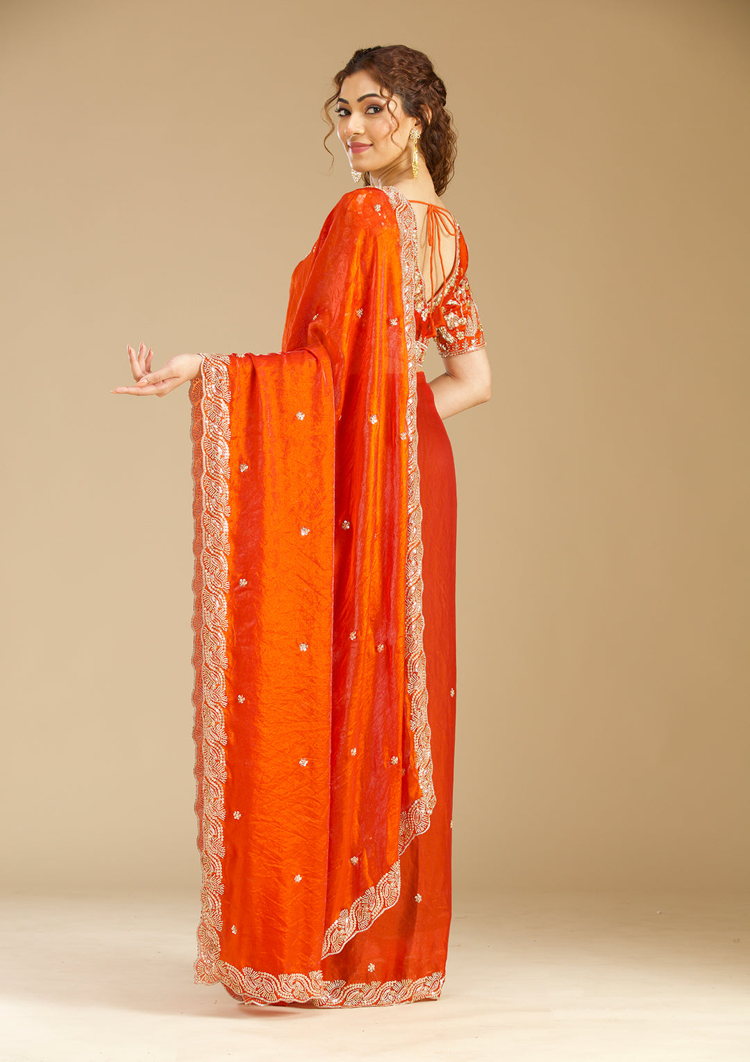 Orange Tissue Cutdana Saree With Matching Blouse Piece