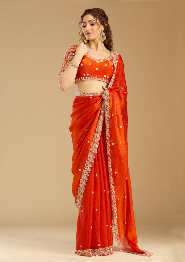 Orange Tissue Cutdana Saree With Matching Blouse Piece