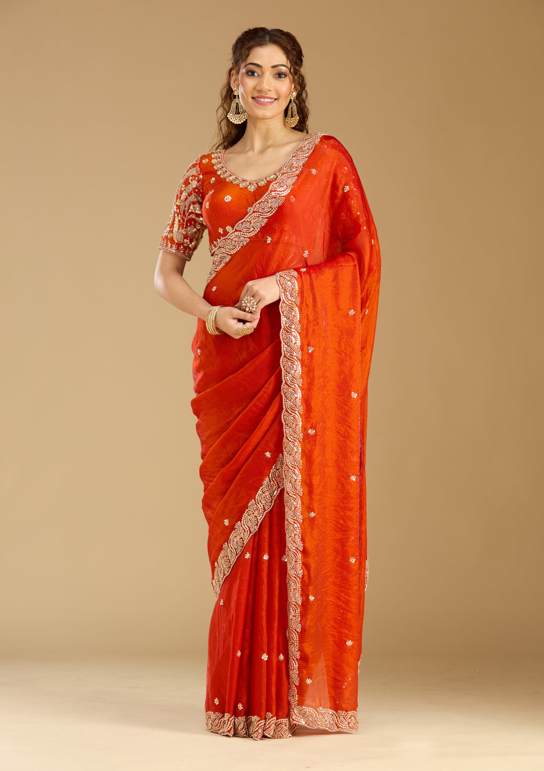 Orange Tissue Cutdana Saree With Matching Blouse Piece
