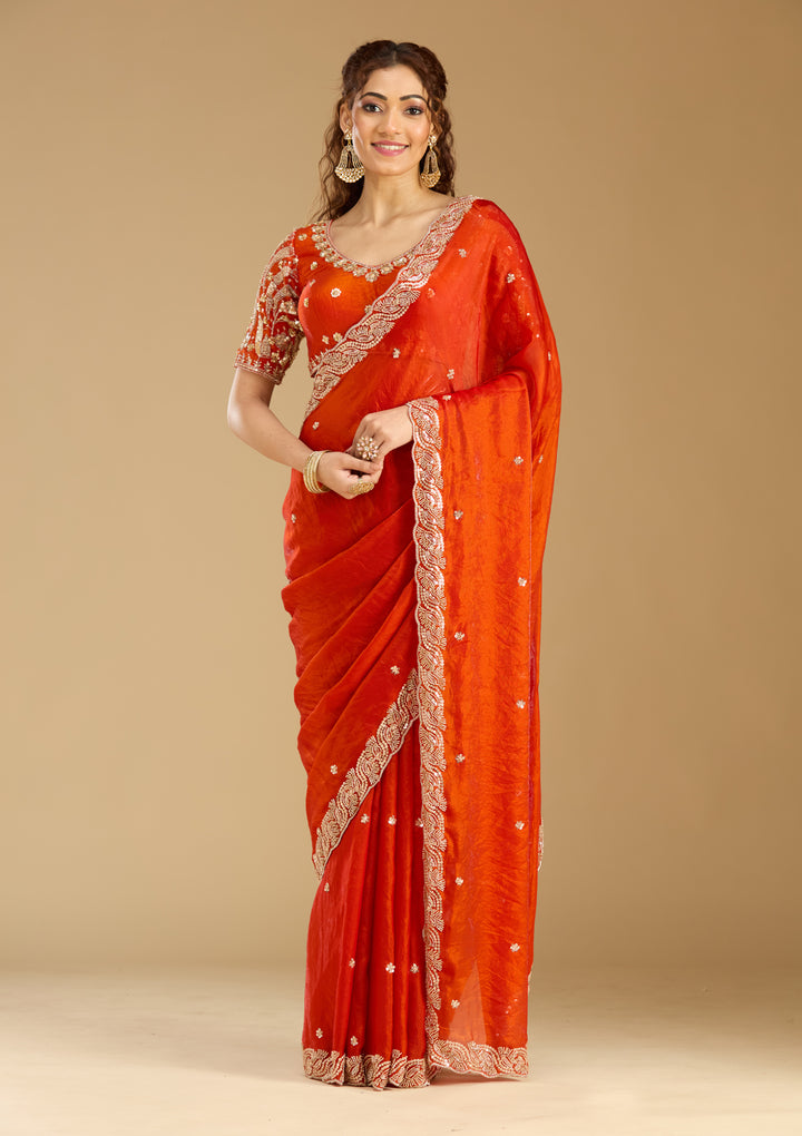 Orange Tissue Cutdana Saree With Matching Blouse Piece