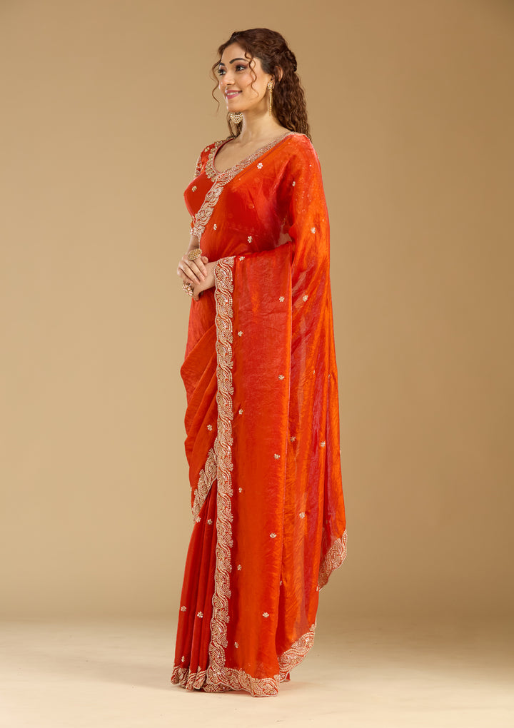 Orange Tissue Cutdana Saree With Matching Blouse Piece
