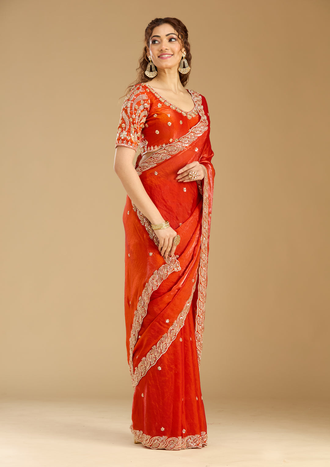Orange Tissue Cutdana Saree With Matching Blouse Piece