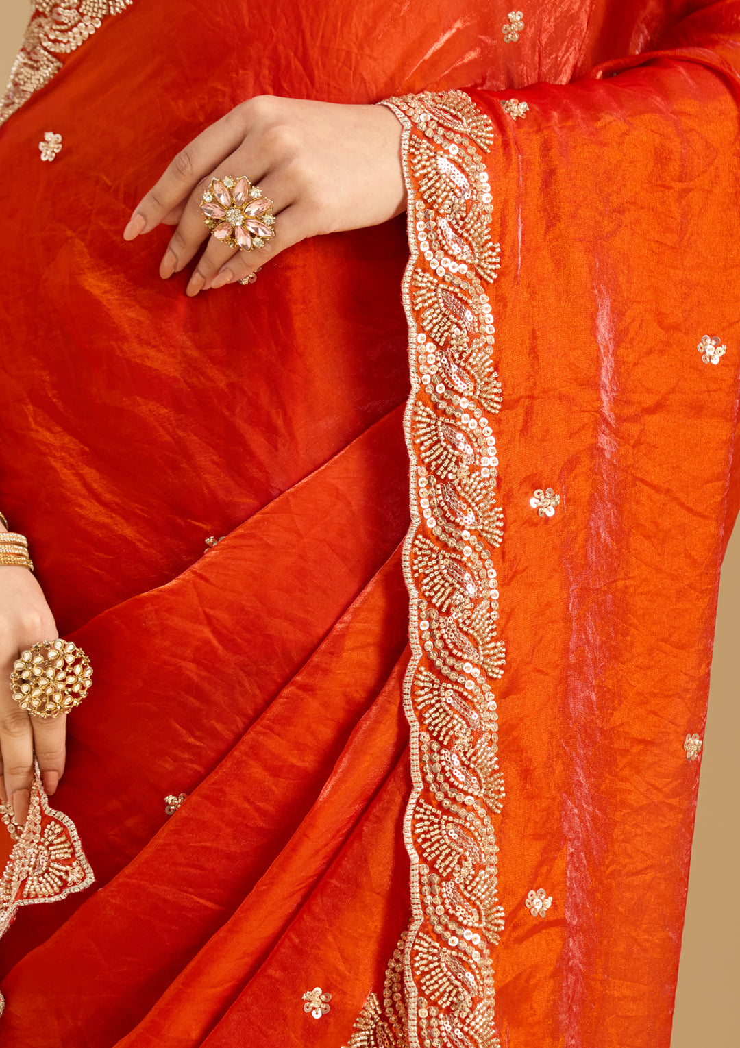 Orange Tissue Cutdana Saree With Matching Blouse Piece