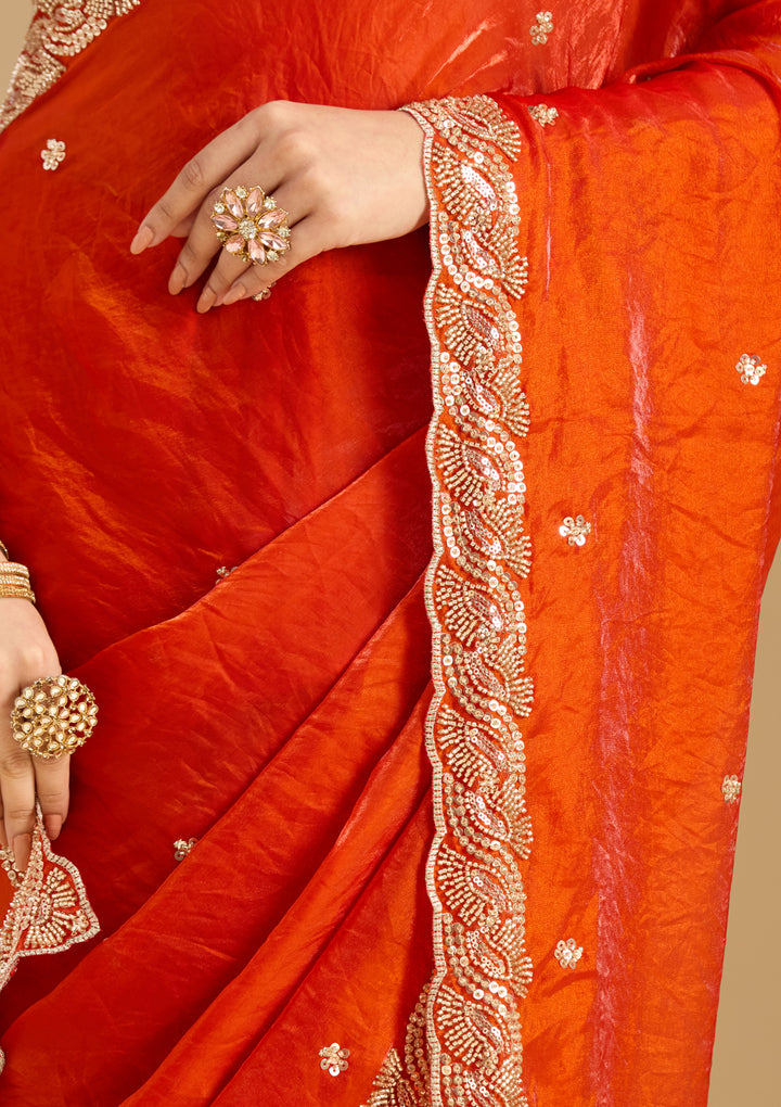 Orange Tissue Cutdana Saree With Matching Blouse Piece