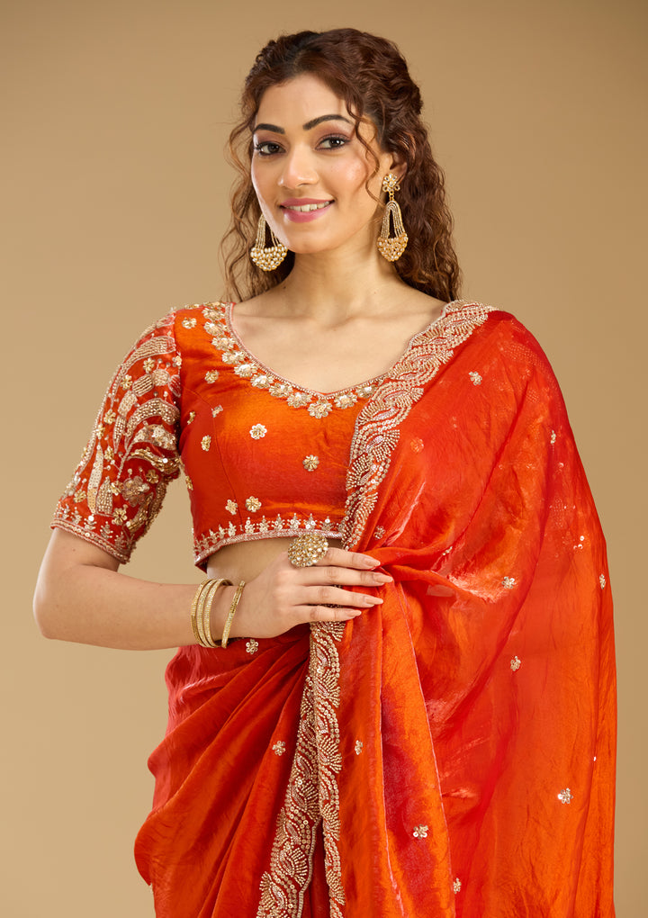 Orange Tissue Cutdana Saree With Matching Blouse Piece