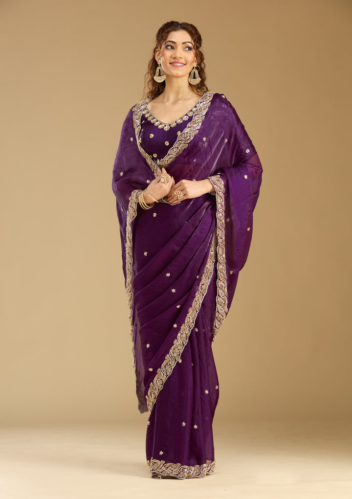 Purple Tissue Cutdana Saree With Matching Blouse Piece