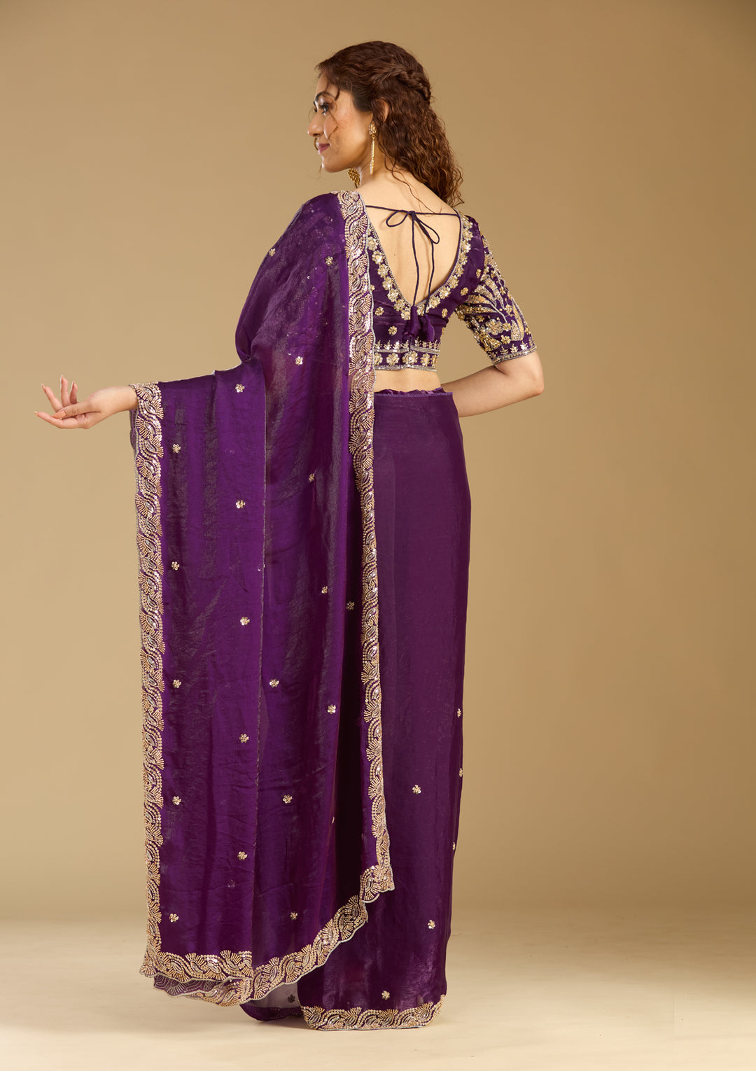 Purple Tissue Cutdana Saree With Matching Blouse Piece