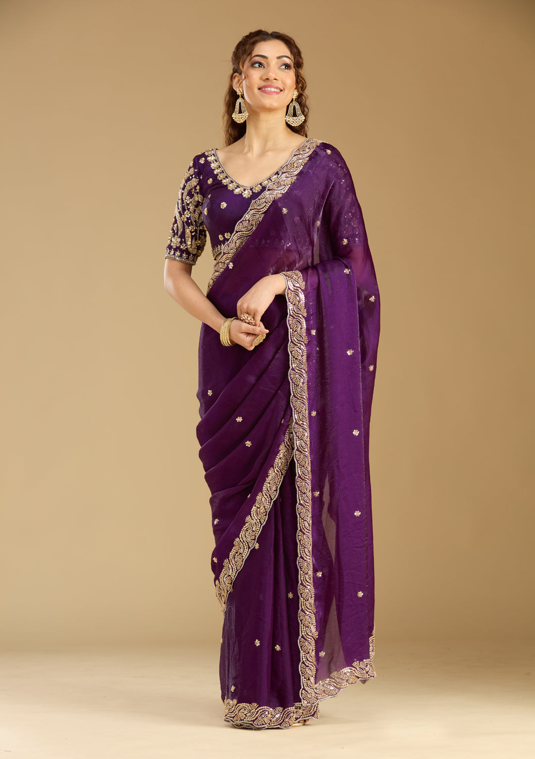 Purple Tissue Cutdana Saree With Matching Blouse Piece