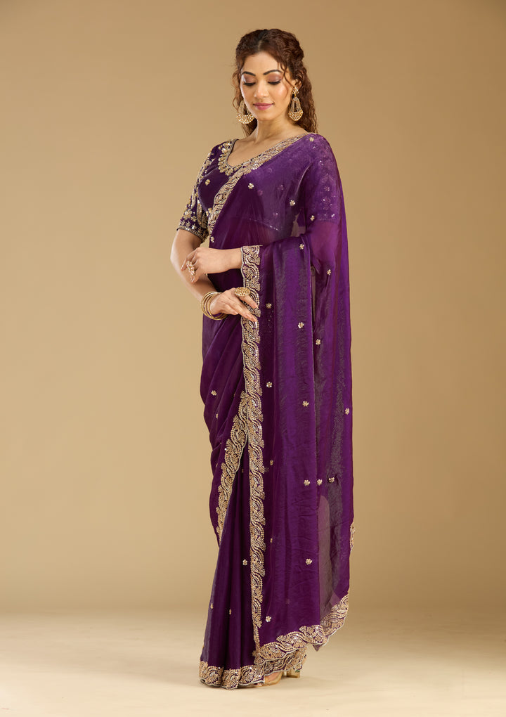 Purple Tissue Cutdana Saree With Matching Blouse Piece