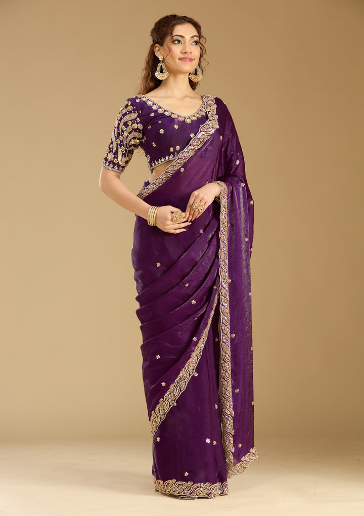 Purple Tissue Cutdana Saree With Matching Blouse Piece