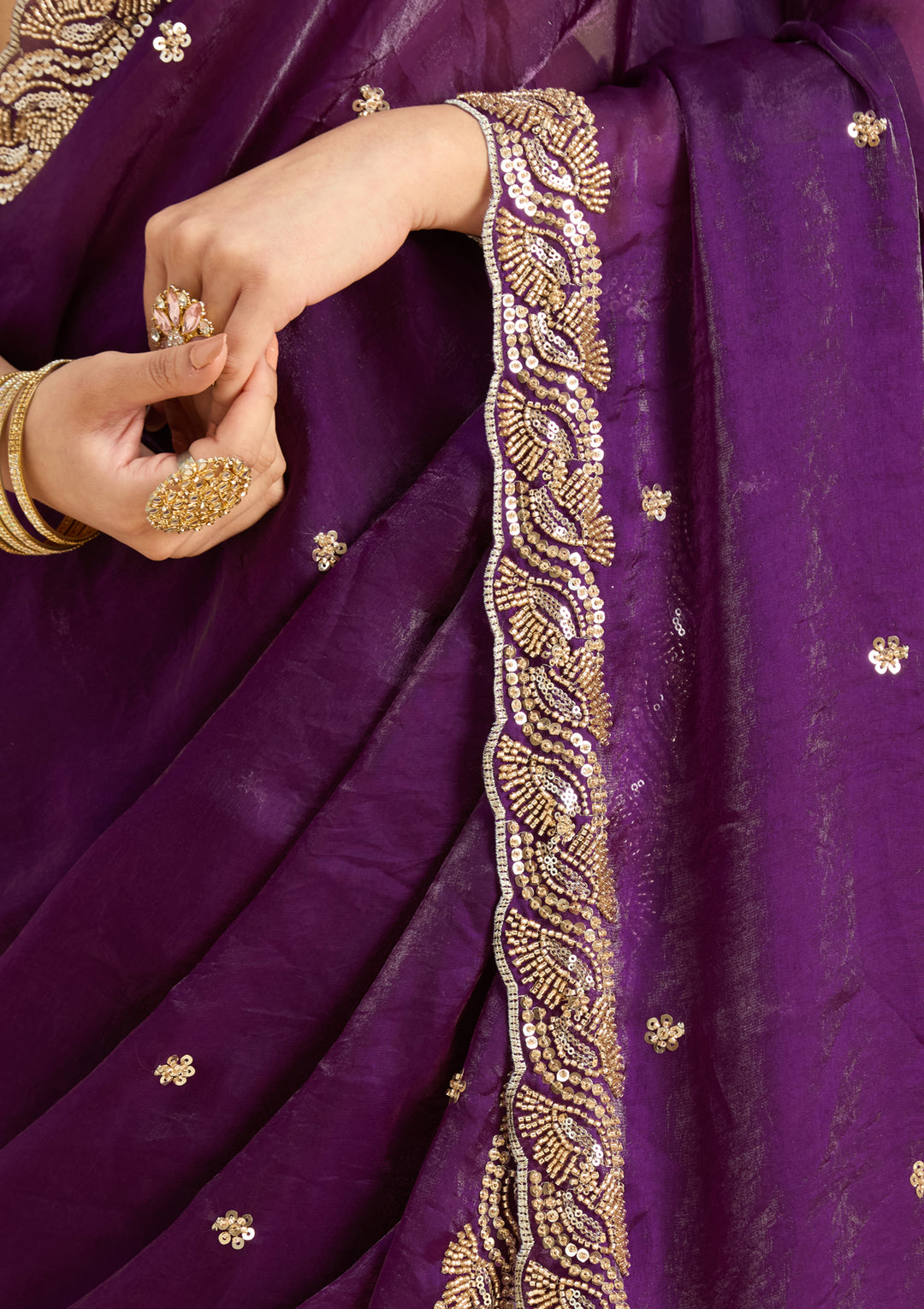Purple Tissue Cutdana Saree With Matching Blouse Piece