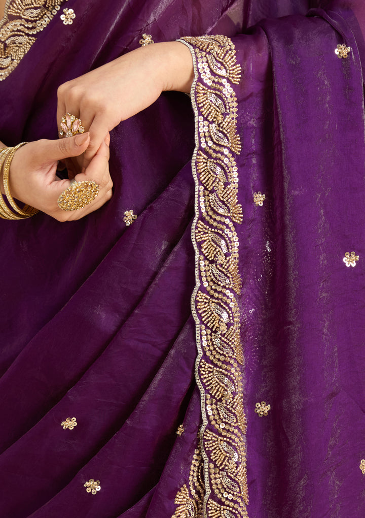 Purple Tissue Cutdana Saree With Matching Blouse Piece