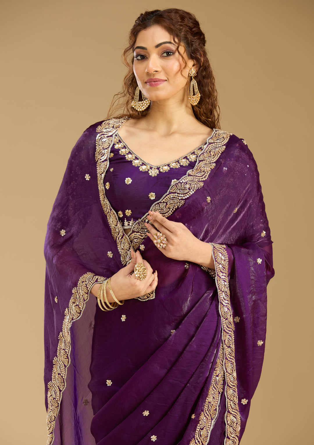 Purple Tissue Cutdana Saree With Matching Blouse Piece